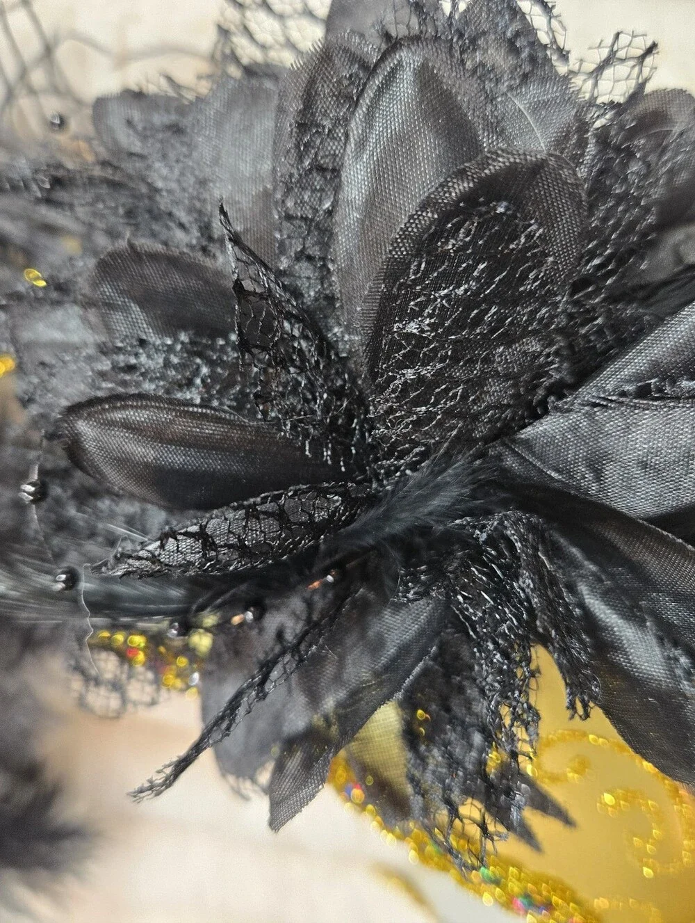Elegant Gold & Black Masquerade Mask with Black Feather Plumes